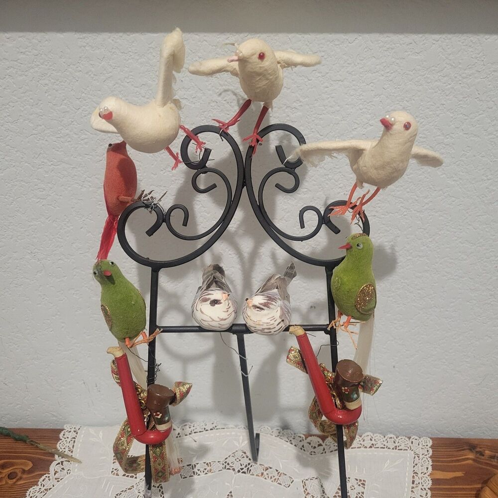 Vtg Lot of 10 Wire Tie Bird Christmas Ornaments and Scandinavian Pipes MCM